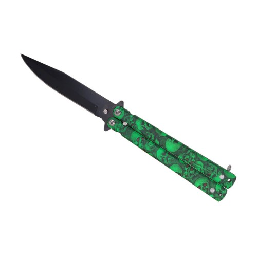 Couteau papillon métal tête de mort vert lame 10 cm