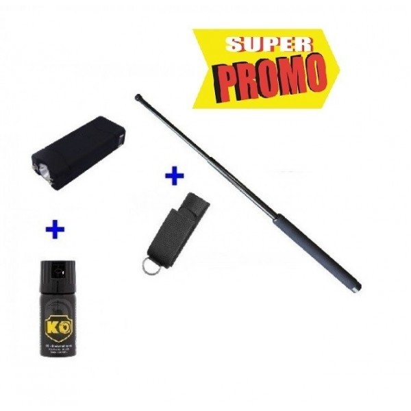 DEFENSE ÉLECTRIQUE  MOD. 801 + MATRAQUE TELESCOPIQUE 53 CM+ POING AMERICAIN + SPRAY DE DÉFENSE PERSONNELLE KO 40 ML