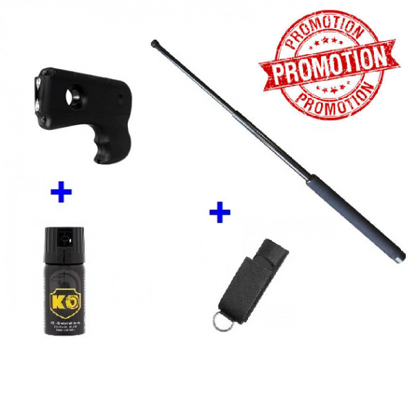 SHOCKER ÉLECTRIQUE PISTOLET S 300+ MATRAQUE TELESCOPIQUE 53 CM+ POING AMERICAIN + BOMBE LACRYMOGENE ANTI AGRESSION KO 40 ML