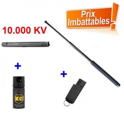 MATRAQUE SHOCKER ÉLECTRIQUE X 8 + MATRAQUE TELESCOPIQUE 53 CM+ BOMBE LACRYMOGENE ANTI AGRESSION KO 40 ML